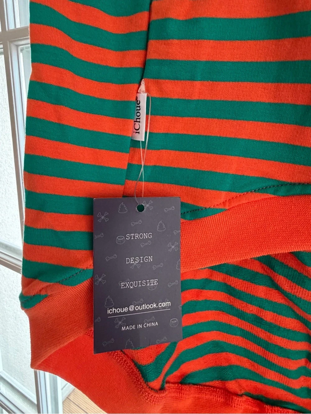 ICHOUe Dog Hoodie 2XL Orange Green Striped Hooded Pet Sweater Pom Pom NWT